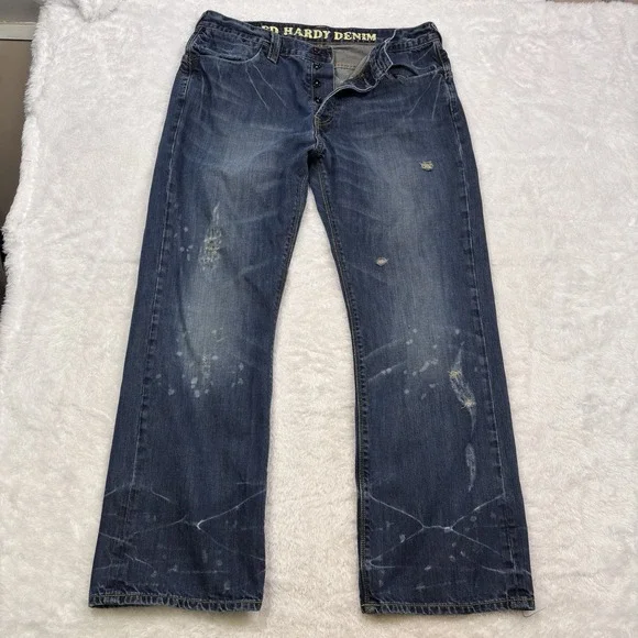 Ed Hardy Jeans Mens 36x32 Blue Distressed Splatter Straight Flap Pockets Whisker - Picture 2 of 16